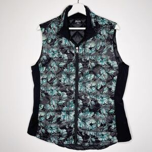 ZELOS Black Floral Quilted Puffer Vest Womens XL Zip Front Sleeveless
